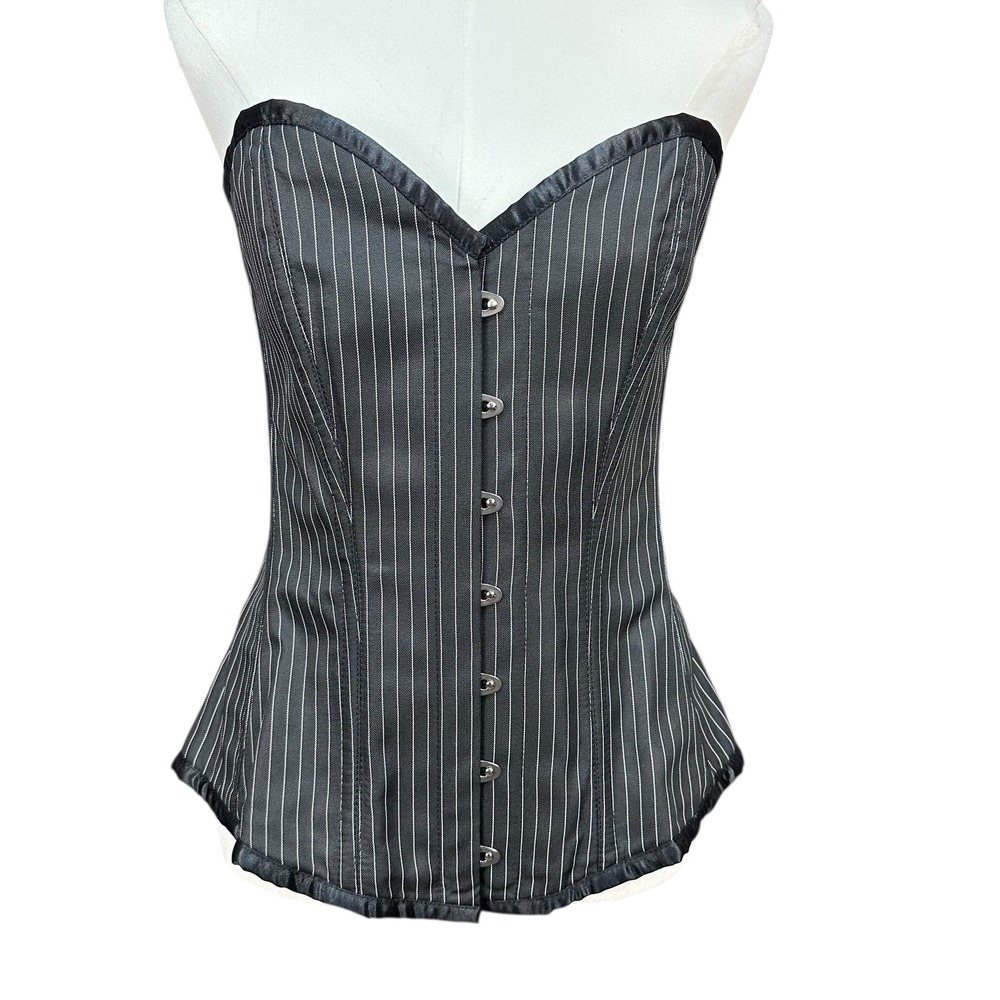 XL Black Pinstripe Corset Lace Up Back Sweetheart Busk Front Steampunk Goth Vamp - Picture 2 of 8